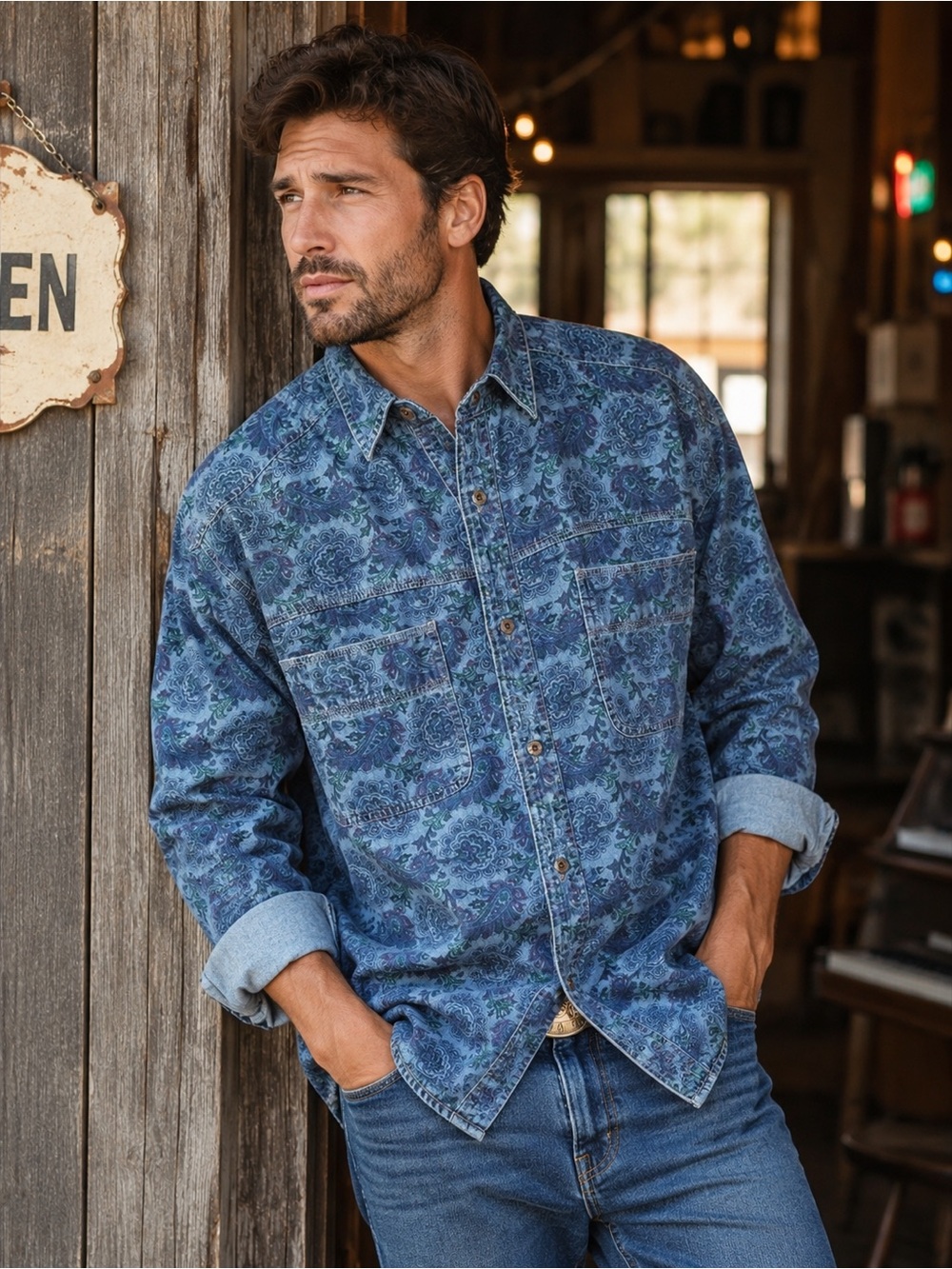 Vintage Paisley Print Denim Button-Up Shirt Retro Western Grunge Cowboy Style